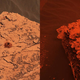 Two images taken by Curiosity rover show the change in the color of light illuminating the Martian surface since a dust storm engulfed Gale Crater. The left image shows the “Duluth” drill site on May 21, and the right image is from June 17. The vivid red color is due to different exposure times for the two images, and to dust grains in the atmosphere letting red light through to the surface, but not green or blue.